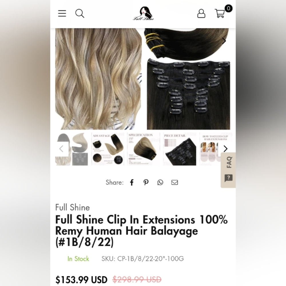 New Full Shine %100 Human Hair Clip In Extensions 16"
